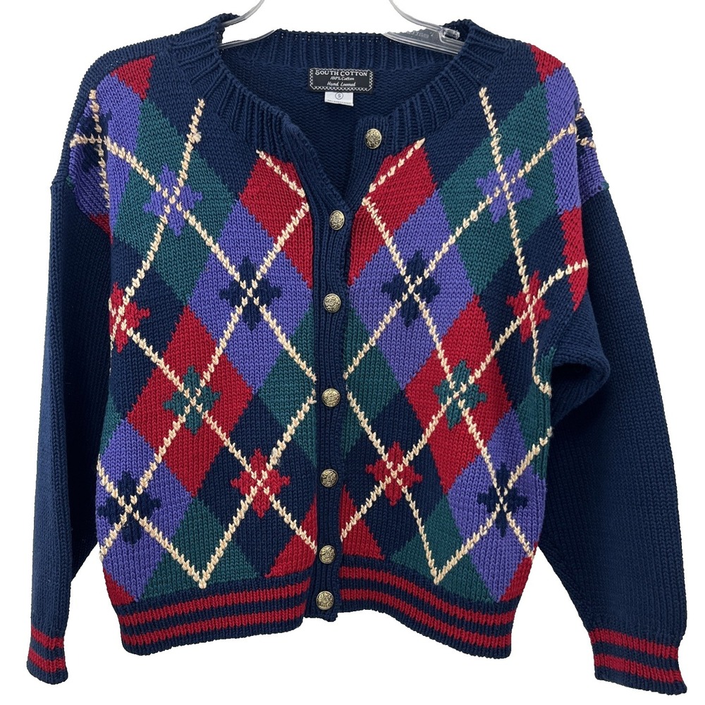 Vintage South Cotton Hand Loomed Womens Argyle Cardigan Sweater Size S Navy Red